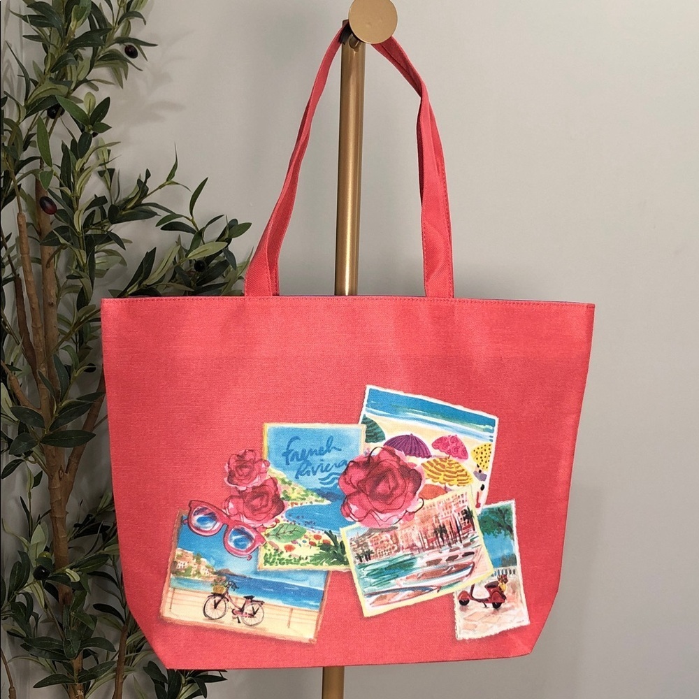 Lancome Salmon Pink Tote with Beach Scenic Prints - Picture 1 of 3